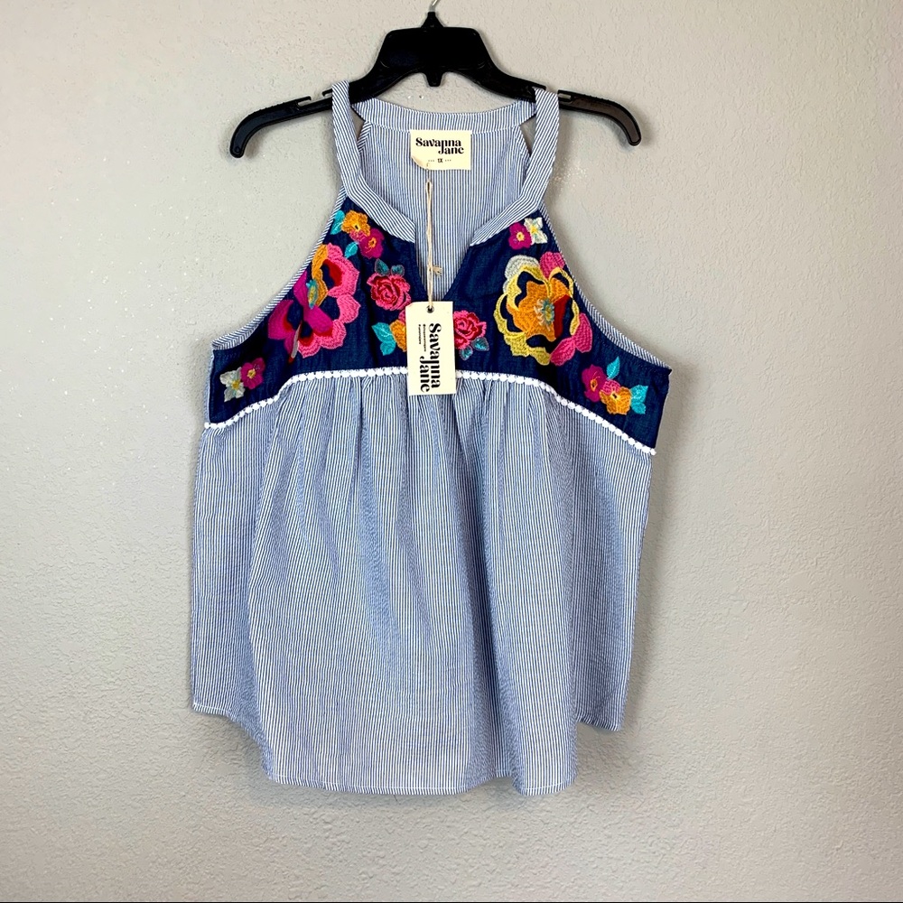 NWT Savanna Jane high halter neck embroidered striped floral tank blouse